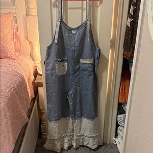 POL Denim Lace-Trim Overalls Dress in Blue and White